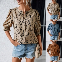 Fashion Floral Printed Slit V-neck Ruffled Elbow Sleeve Shirt