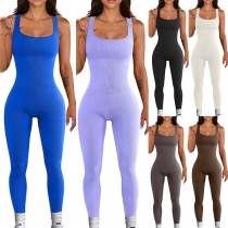 Fashion Solid Color Scoop Neck Bodycon Ribbed Jumpsuit