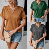 Casual Solid Color Buttoned V-neck Short Sleeve Shirt