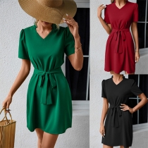 Casual Solid Color V-neck Short Sleeve Self-tie Mini Dress