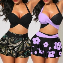 Sexy Printed Two-piece Bikini Set Consist of Halter Neck Bikini Top and Ruffle Bikini Bottom