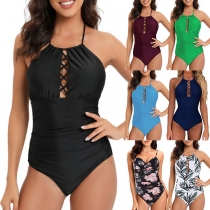 Sexy Solid Color/Printed Lace-up Halter Neck Backless One-piece Swimsuit/Monokini
