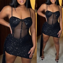 Sexy Semi-through Gauze Spliced Sequined Ruched Party Dress