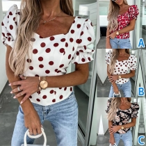 Fashion Printed Scoop Neck Puff Short Sleeve Shirt