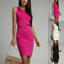 Fashion Solid Color Gauze Spliced Round Neck Sleeveless Bodycon Dress