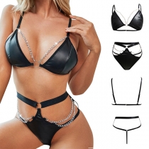 Sexy Chain Artificial Leather PU Two-piece Lingerie Set