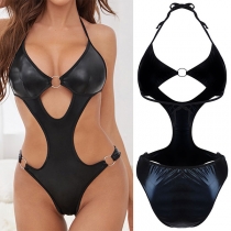 Sexy O-ring Cut Out Artificial Leather PU Halter Neck Lingerie Bodysuit