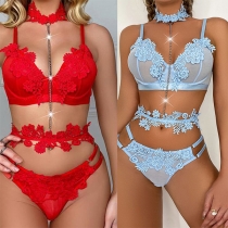 Fashion 3D Floral Semi-through Three-piece Lingerie Set