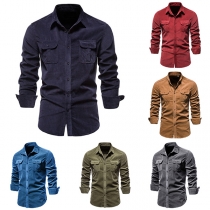 Fashion Solid Color Stand Collar Long Sleeve Corduroy Shirt for Men