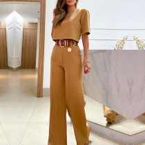 Fashion Solid Color Two-piece Set Consist of Short Sleeve Crop Shirt and Wide-leg Pants without Pants