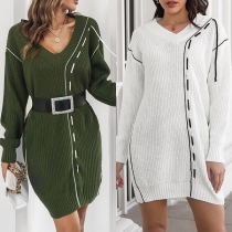 Fashion Contrast Color Drawstring V-neck Long Sleeve Loose Knitted Sweater Dress