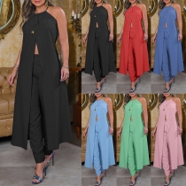 Fashion Solid Color Two-piece Set Consist of Slit Halter Shirt and High-rise Pants