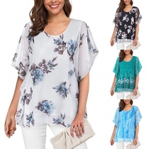 Fashion Floral Printed Round Neck Short Sleeve Ruffled Shirt