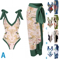 Vintage Floral Printed Two-piece Swimsuit Consist of Self-tie Backless Monokini and Wrap Skirt