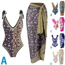 Vintage Floral Printed Two-piece Swimsuit Consist of Self-tie Monokini and Wrap Skirt