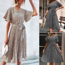 Fashion Leopard Printed Round Neck Short Sleeve Self-tie Pleated Dress