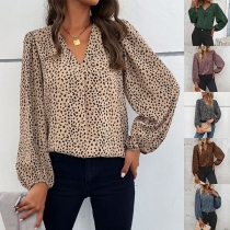 Casual Leopard Printed V-neck Long Sleeve Shirt
