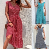 Fashion Floral Printed Buttoned V-neck Cap Sleeve Self-tie Midi Dress