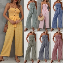 Fashion Printed Strapless Buttoned Self-tie Wide-leg Jumpsuit