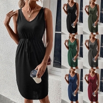 Casual Solid Color V-neck Sleeveless Drawstring Dress