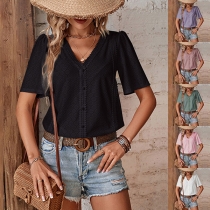 Casual Lace Spliced V-neck Short Sleeve Buttoned Shirt