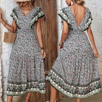 Fresh Style Floral Printed V-neck Ruffled Short Sleeve Backless Midi Dress