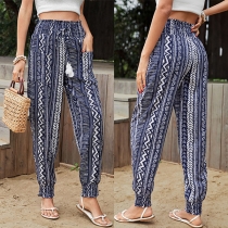 Bohemia Style Printed Elastic Drawstring High-rise Pants with Patch Pockets