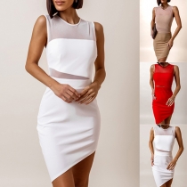 Sexy Semi-through Gauze Spliced Round Neck Sleeveless Irregular Hemline Bodycon Dress