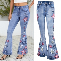 Street Fashion Old-washed Colorful Star Embroidered Wide-leg Jeans