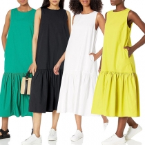 Casual Solid Color Round Neck Sleeveless Midi Dress with Side Pockets