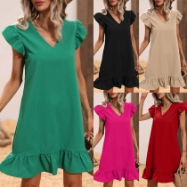 Casual Solid Color V-neck Ruffled Mini Dress