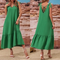 Casual Solid Color V-neck Backless Green Midi Dress