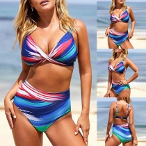 Sexy Contrast Color Printed Two-piece Bikini Set Consist of Bikini Top and High-rise Bikini Bottom