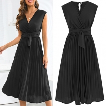 Fashion Solid Color V-neck Sleeveless Self-tie Pleated Dress