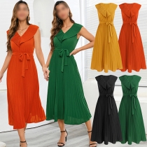 Elegant Solid Color Ruffled V-neck Sleeveless Self-tie Pleated Dress