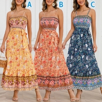 Bohema Style Floral Printed Self-tie Slip Dress