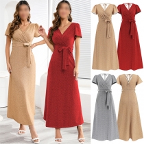 Elegant Bling-bling V-neck Short Sleeve Self-tie Dress