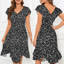 Fashion Leopard Print Ruffle Irregular Hemline Dress