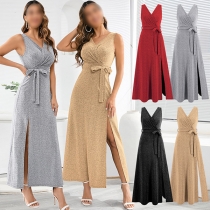 Elegant Bling-bling V-neck Sleeveless Self-tie Slit Dress
