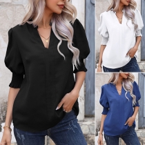 Fashion Solid Color V-neck Elbow Sleeve Chiffon Shirt