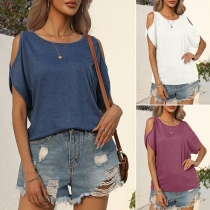 Casual Solid Color Round Neck Slit Short Sleeve Shirt
