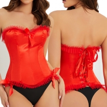 Sexy Ruffled Spliced Strapless Bowknot Corset Shirt