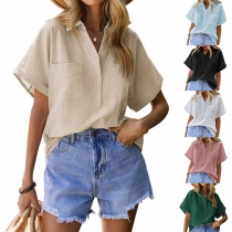 Casual Solid Color Stand Collar Buttoned Short Sleeve Shirt