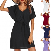 Fashion Solid Color Drawstring Waist Loose Beach Dress
