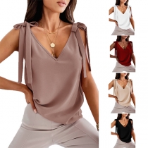 Fashion Solid Color V-neck Self-tie Sleeveless Shirt
