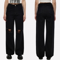 Fashion Distressed Straight Black Denim Jeans