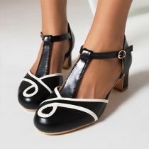 Vintage Contrast Color Round Toe T-string Heeled Shoes