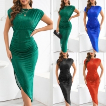 Elegant Solid Color Round Neck Cap Sleeve Slit Bodycon Dress