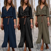 Casual Stand Collar Buttoned Long Sleeve Shirt Dress-without Belt