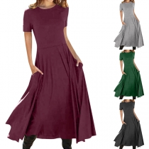 Bohemia Style  Solid Color Round Neck Short Sleeve Dress